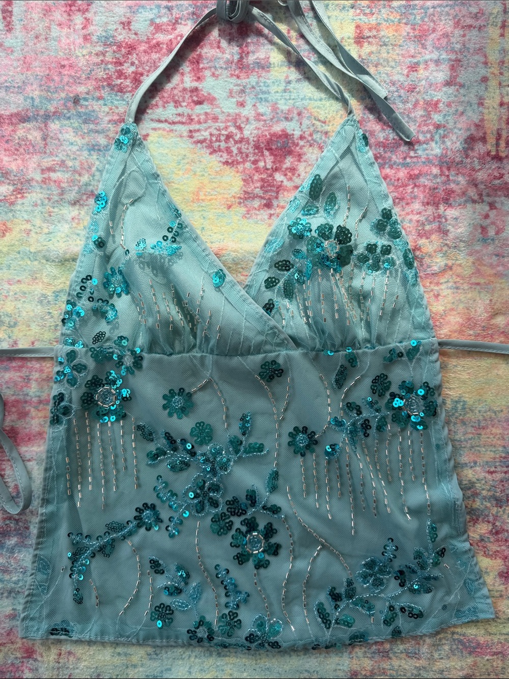 💜SHEIN Teal Sequin Floral Halter Cami